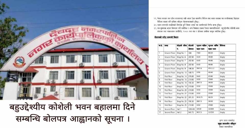 बहुउद्देश्यीय कोशेली भवन बहालमा दिने सम्बन्धि बोलपत्र आह्वानको सूचना ।